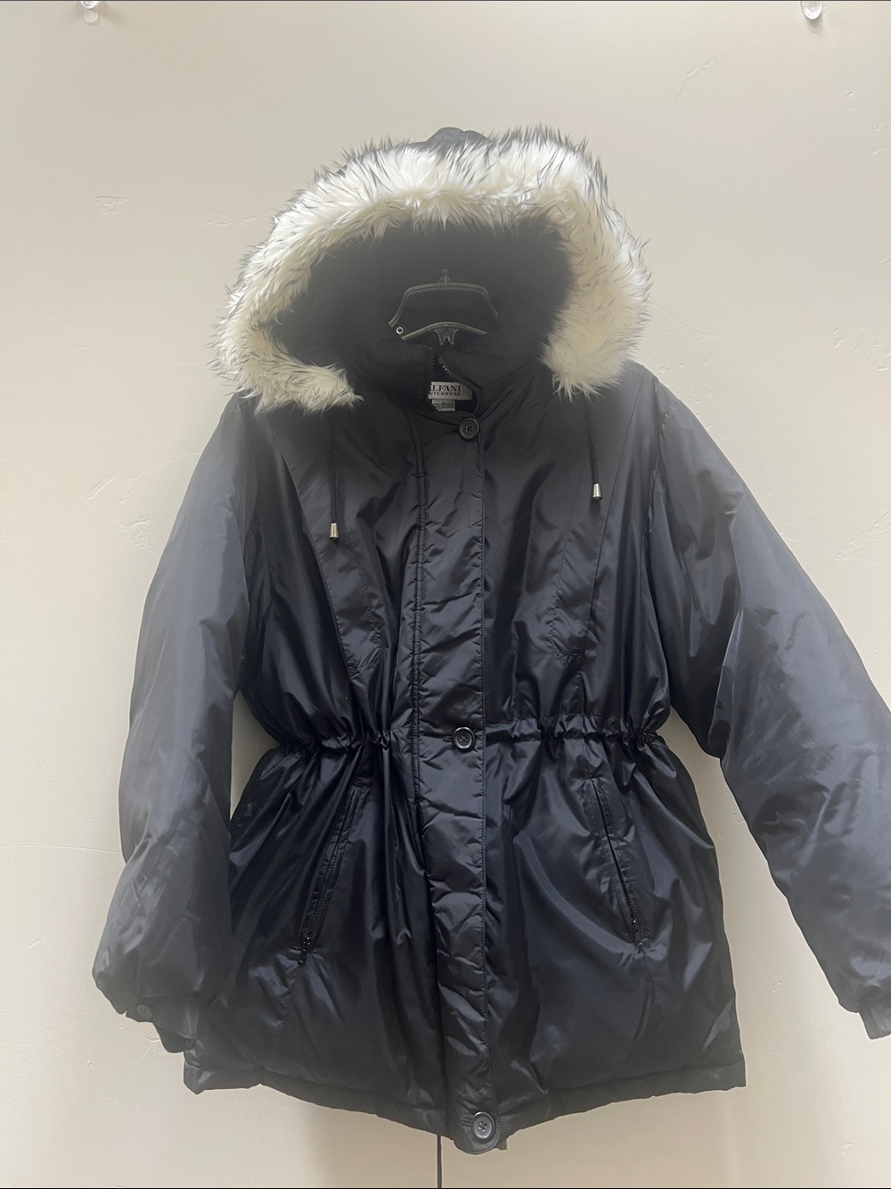 Down filled Alfani Black Hooded Puffer Coat with Faux Fur Trim.